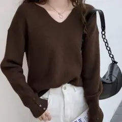 ニットトップス レディース Vネック長袖