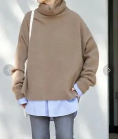 【未使用・タグ付】フォックスウール ロングリブタートルプルオーバー/キャメル