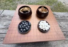 囲碁セット 足付碁盤 厚14cm 蛤碁石 那智黒石 木製碁笥 3点セット