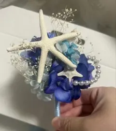 ビーチウェディング　ブートニア　ブルー　海　シェルヒトデ
