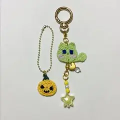 レース編み★チャーム★ハロウィン♡グリーンニャンホルダー☆水晶玉付(๑˃̵ᴗ˂̵)