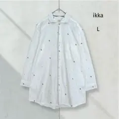 ikka メンズ エンブレム柄 七分袖シャツL ホワイト コットン おしゃれ