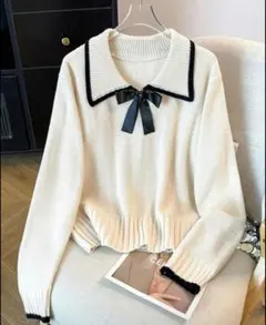 襟付き リボン ニット クリーム