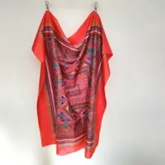 タイシルクTHAI SILK100%幾何学模様オレンジ系スカーフ92×88cm