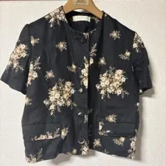 KETTY フラワープリント ノーカラージャケット 麻100%