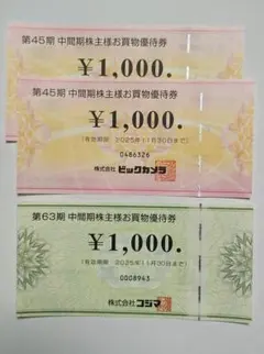 ビックカメラ・コジマ優待券 ¥1,000×3枚