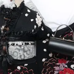 【美品！】振袖7点セット ◆171cmブラック系フルセット個性派ゴスロリbn20