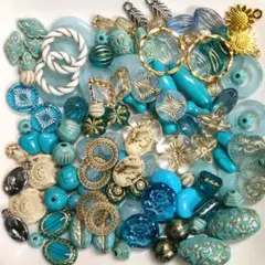 ☆ターコイズブルー系＆ゴールドライン☆アンティークビーズMIX☆