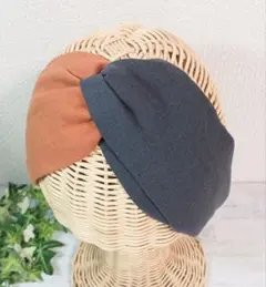 ハンドメイド　クロスターバン　柔らかハーフリネン　キャロットオレンジ/チャコール