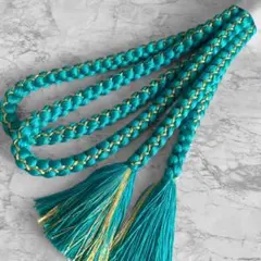 絹 帯締め☆振袖用 浅葱色(青・ターコイズブルー)×金糸 組紐 成人式にも♪