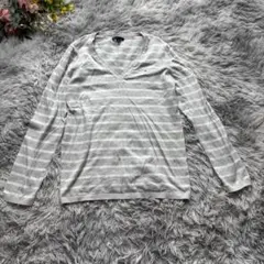 トミーヒルフィガー　Vネックニット　【M】　グレー　ボーダー　薄手　コットン