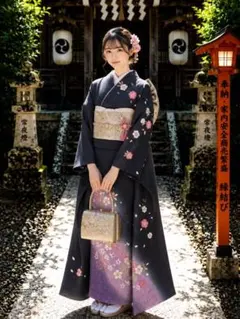 黒留袖 着物 振袖 帯 セット 黒色 金糸 桜 兎 毱つげ - メルカリ