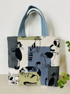 ハンドメイド　ミニトートバッグ　猫いっぱい（カーキ）