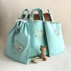 リバティのフリルとハートアップリケのレッスンバッグ3点セット ・ミントカラー