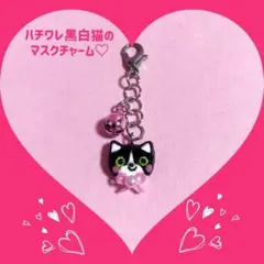 ハチワレ黒白猫のマスクチャーム♡セール中‼︎有料金具変更可能◎
