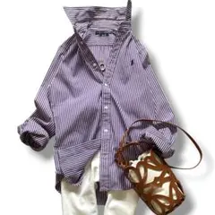 美品◆ラルフローレン スリムフィット ストライプシャツ ポニー刺繍 M パープル