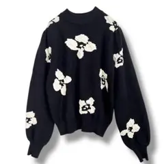 花柄 フラワー刺繍ꕥニット 黒×白花 Mサイズ