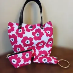 赤い花柄トートバッグと小物入れセット