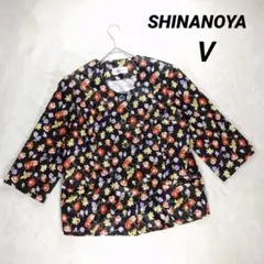 【SHINANOYA】七分袖ブラウス シャツ (Ⅴ) 花柄 ノーカラー 黒 婦人