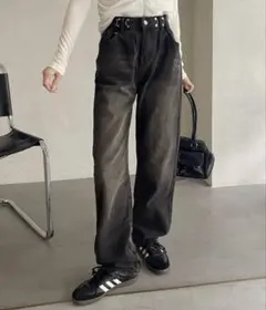 ライトブラック ハイウエストワイドストレートデニムパンツ