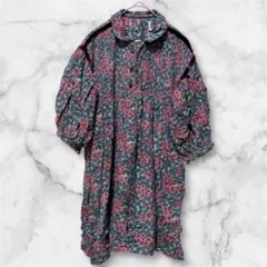 希少 ZARA【130】 花柄 ベルベット切替 ワンピース レトロ パフスリーブ
