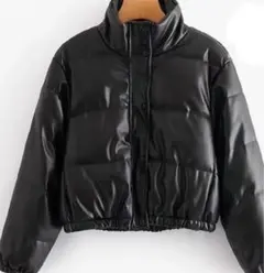レザー風ショートダウンジャケット ブラック