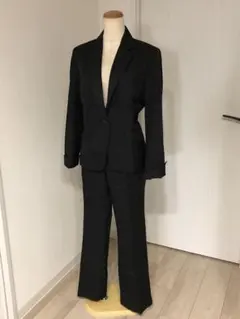 80新品SUCRE洗える光沢ストライプパンツ スカートスーツ黒3点15号通勤