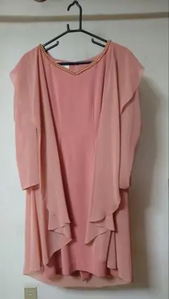 ピンク ロングカーディガン ビーズ装飾ワンピース　パーティードレス