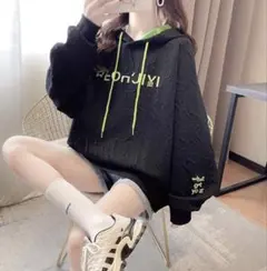 RLEONJIVI ブラックパーカー フード付き