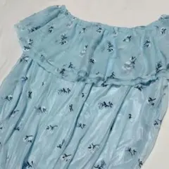 美品 水色シフォンオフショルダー刺繍小花柄 M ハンドメイド リメイク素材にも