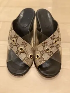 Gucci サンダル ベージュ ブラック ヒール　34.5 21.5〜22.5
