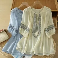 新品 大きいサイズ 刺繡ブラウス4Lゆったり 半袖 エスニック 秋服夏服五分袖