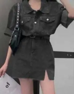 ダークグレー デニムミニワンピース 半袖