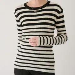 リブ編み白黒ストライプ長袖トップス