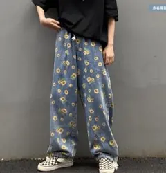 デニム ワイドパンツ ひまわり柄 ルーズ 韓国 オルチャン ユニセックス