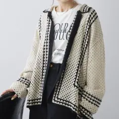 【未使用タグ付き】配色クロシェ編み風 襟付きカーディガン