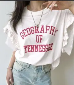 【mily bilet】ダブルフリル袖カレッジライクロゴゆるTシャツ　Mサイズのサムネイル