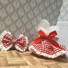 赤チェック柄ワンピース リボン付き 10cmぬい服
