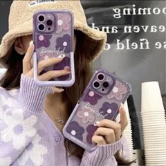 iPhone13 花柄　スタンド　iPhoneケース　紫　パープル　かわいい