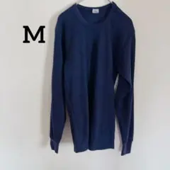 【M】ネイビー 長袖 ワッフル Tシャツ 100%コットン