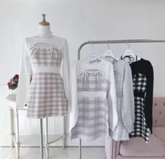 evelyn リボンチェックタイトOP ブラック ワンピース