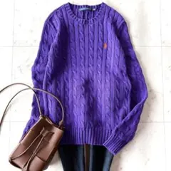 美品 ラルフローレン ホース刺繍 クルーネック コットンケーブルニット パープル