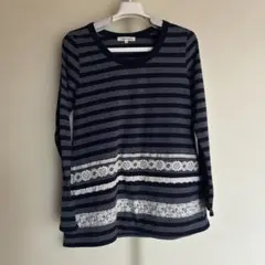 3can4on ボーダー 長袖カットソー レース装飾 ネイビー