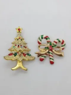 (360)クリスマスツリー キャンディケイン ブローチ 2点セット