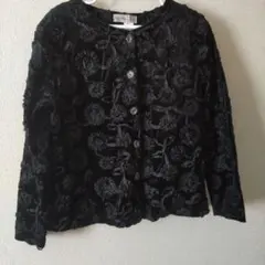 黒 ベルベット 花柄刺繍 ノーカラージャケット 美品