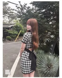 GRL チェック柄バックオープンリボンミニワンピース