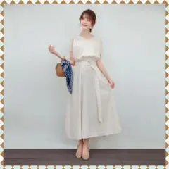 【大人気】Vネック ワンピース ロング丈 フレンチスリーブ ブラウジング M