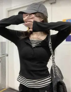 ブラック長袖カットソー ストライプ裾 shein トップス