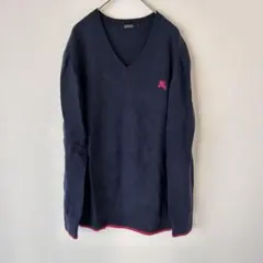 バーバリーブラックレーベル　Vネックニット 紺色・ピンクライン 胸元ロゴ 男性