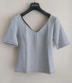 英国♡DOROTHY PERKINS 前後Vネックボーダーリブトップス UK12のサムネイル